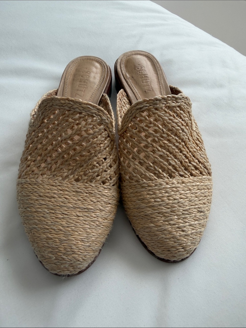 SCHUTZ Natural Woven Raffia Slip-On Mules